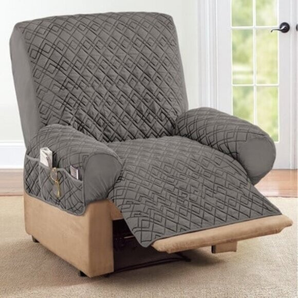 Recliner Cover with Storage Diamond Quilted Stretch Gray - Picture 1 of 1